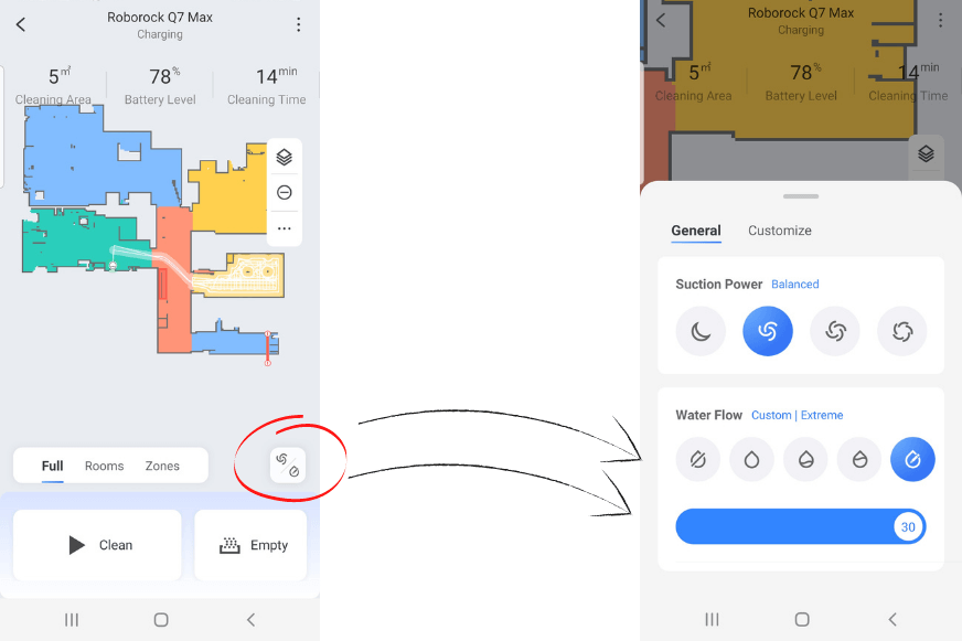 Die Wasserabgabe kann in vielen unterschiedlichen Stufen in der Roborock-App reguliert werden